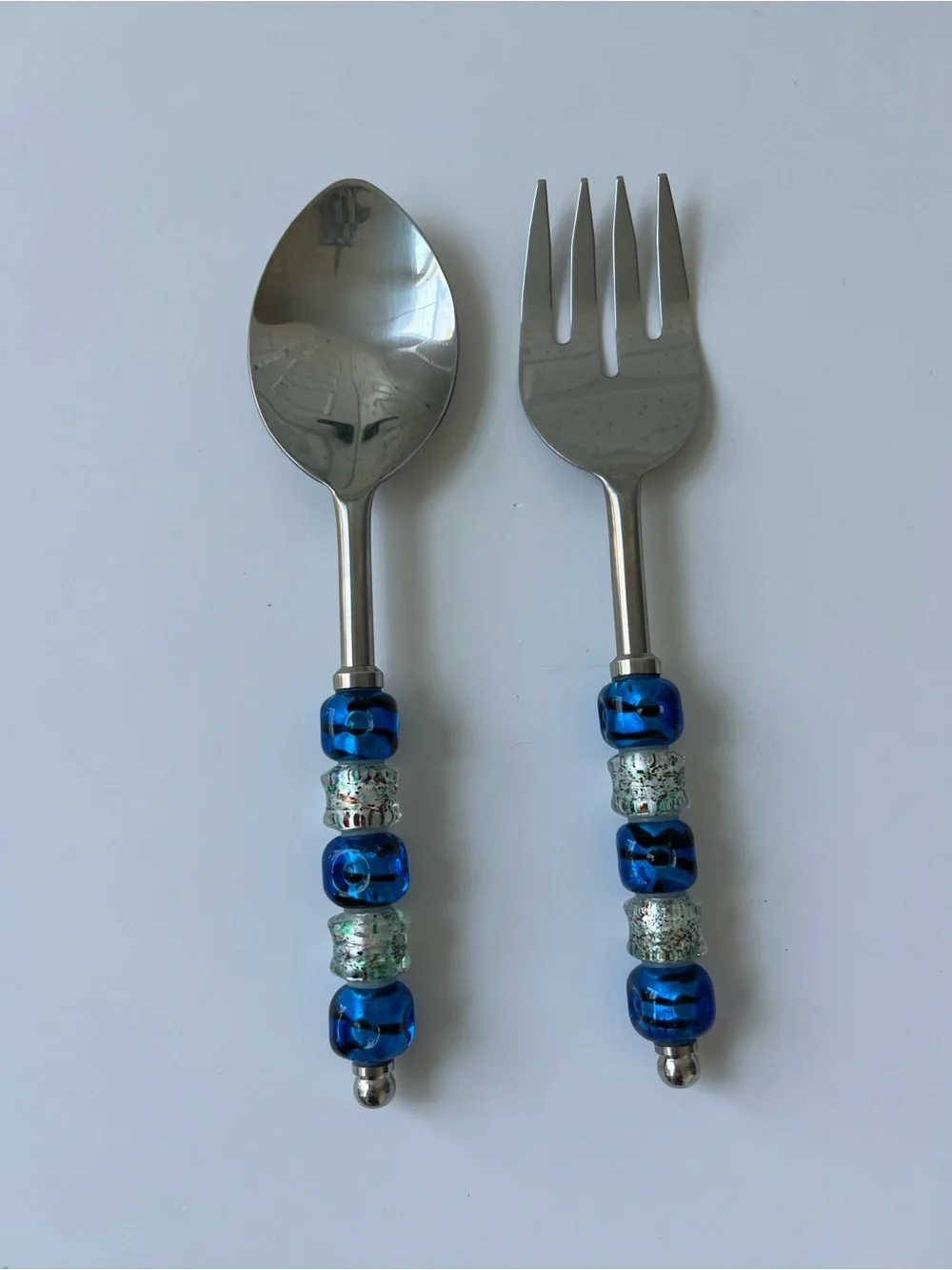 Beaded Blue Handle Salad Serving Spoon and Fork Set - Home Dining